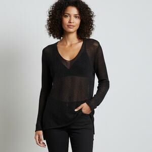 HARARI V-Neck Blouse Mesh Fishnet Black Medium Made in USA